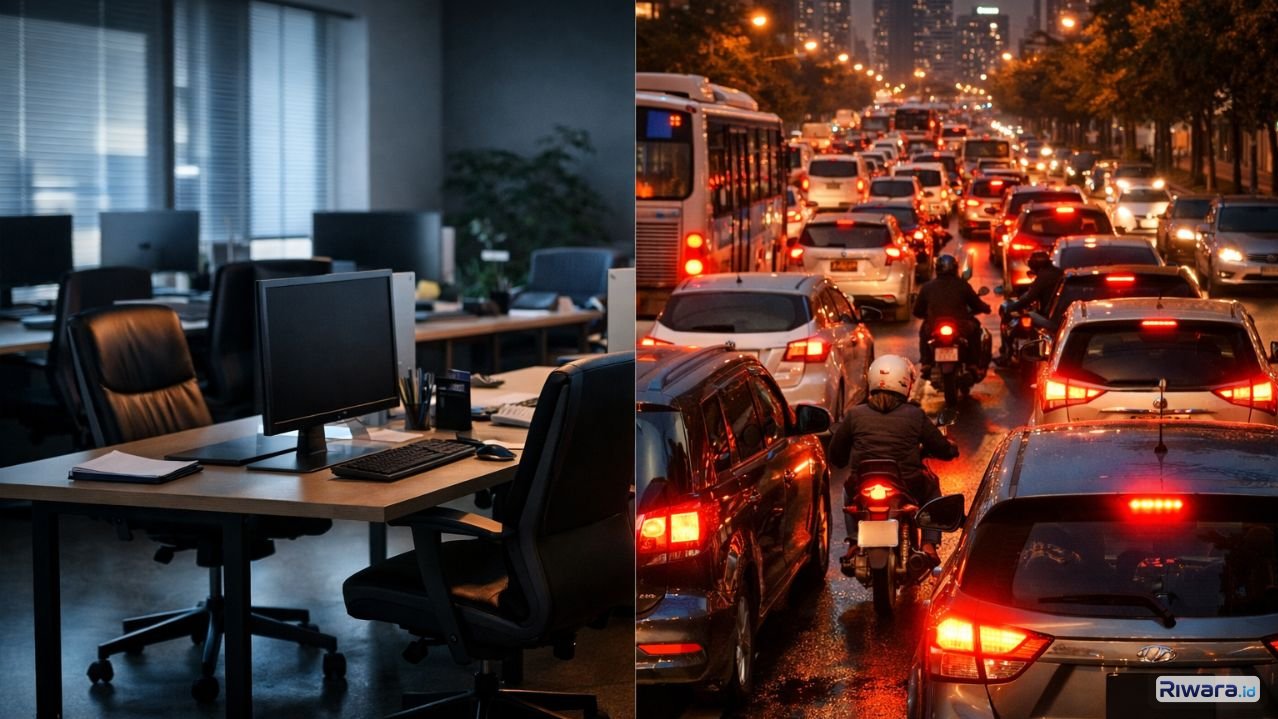 Kontras kantor kosong dan kemacetan kota mencerminkan dampak kebijakan WFH yang diimbau Yassierli untuk efisiensi energi, dengan potensi penghematan BBM hingga Rp59 triliun menurut Airlangga Hartarto.